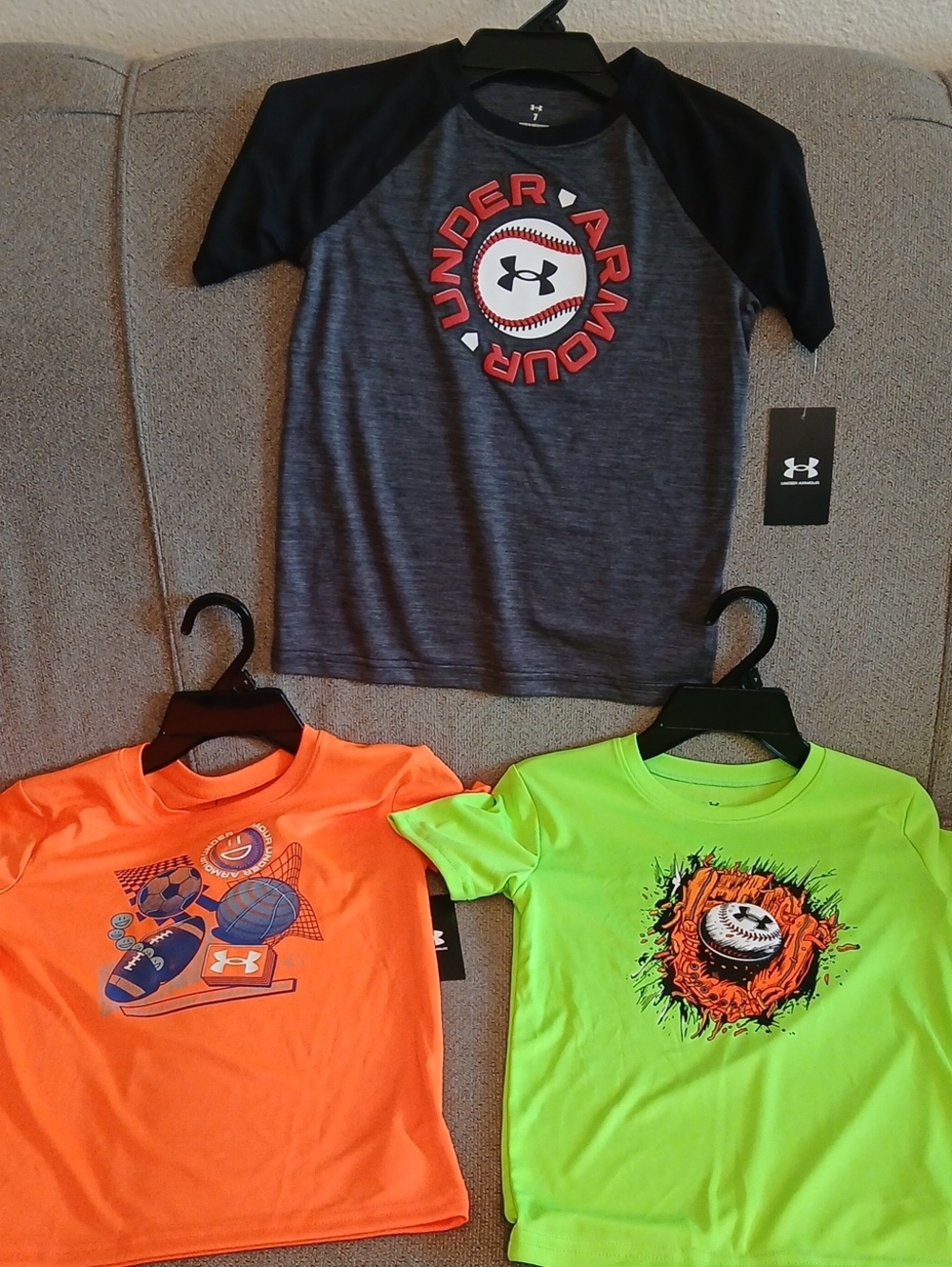 NWT Bundle of Boy's Under Armour Short Sleeve T-shirts, Black/Lime/Orange, Sz 7